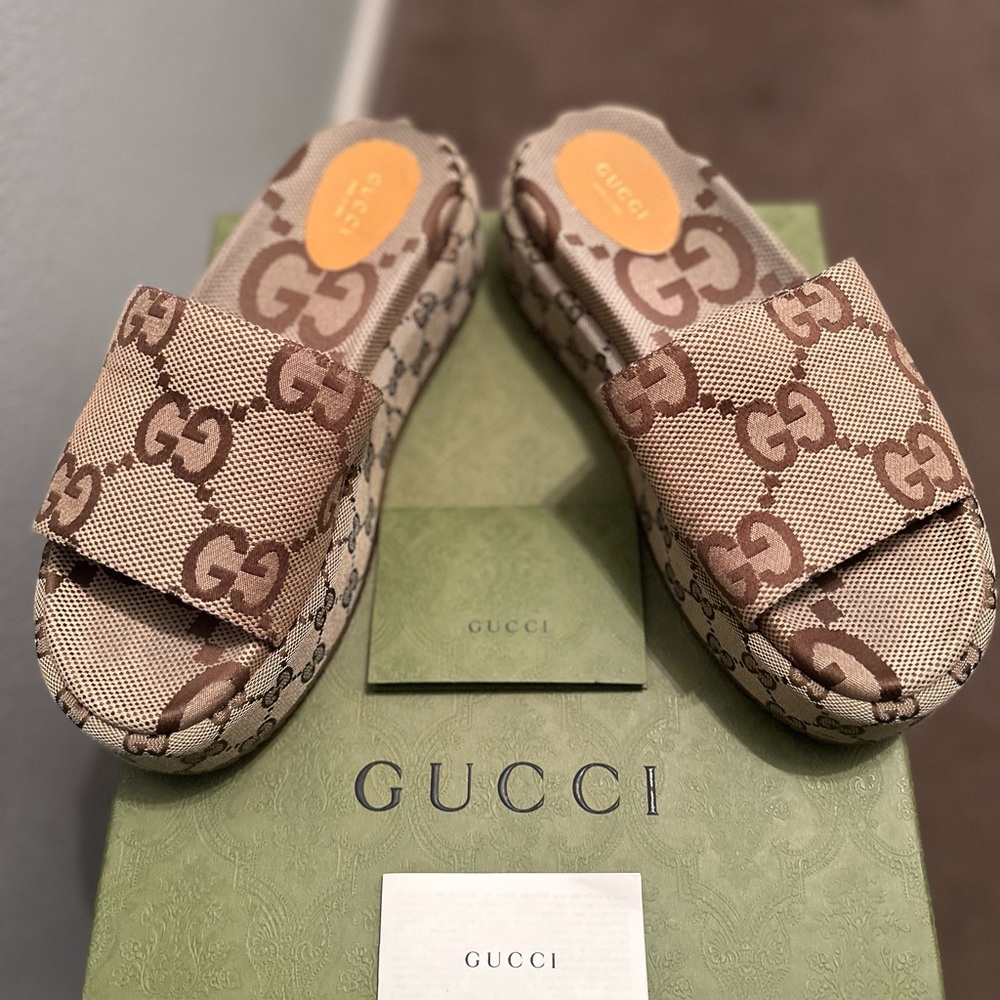 Gucci Tan and Brown Monogram Slides